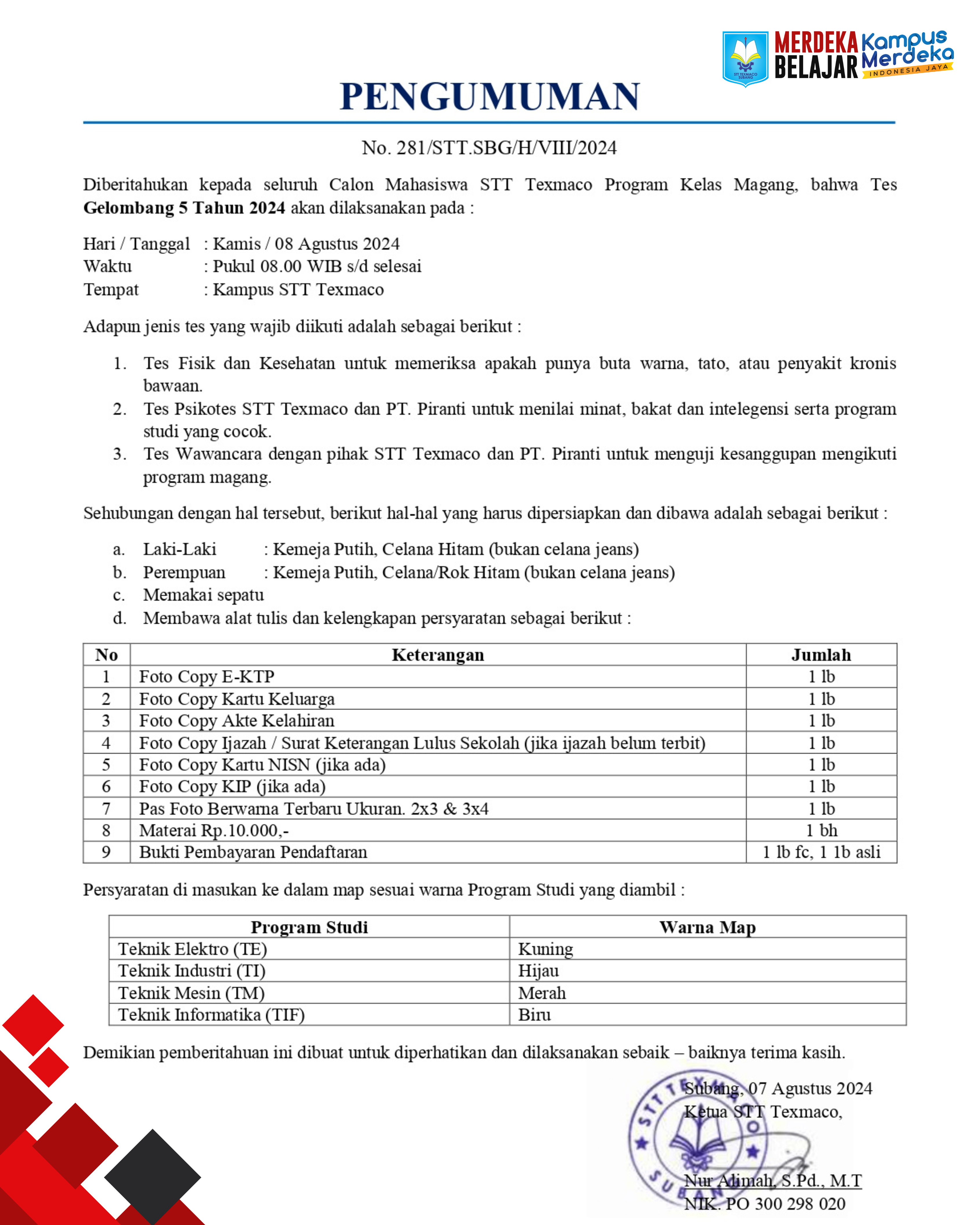 PENGUMUMAN TES PENERIMAAN MAHASISWA BARU KELAS MAGANG GELOMBANG 5